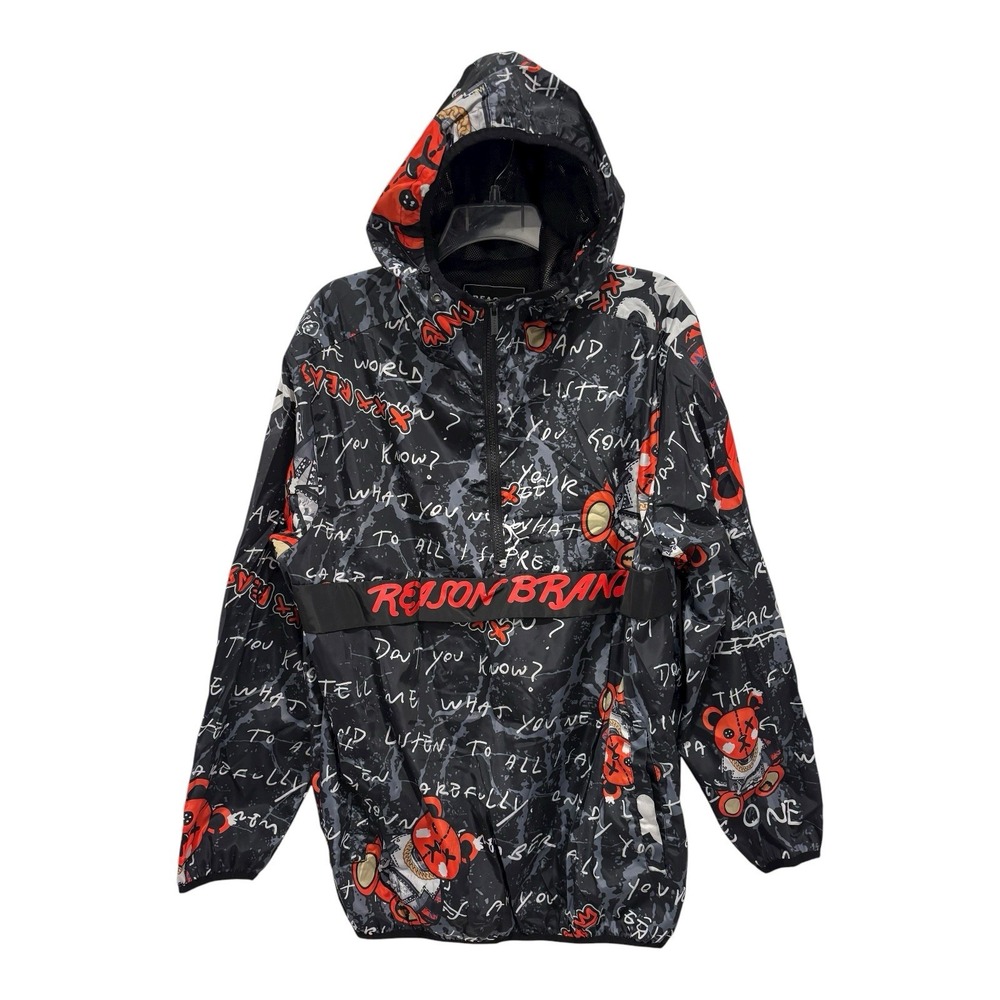 Reason Brand Hoodie Graffiti Print Bear Windbreaker Jacket Black Red Mens Large‎